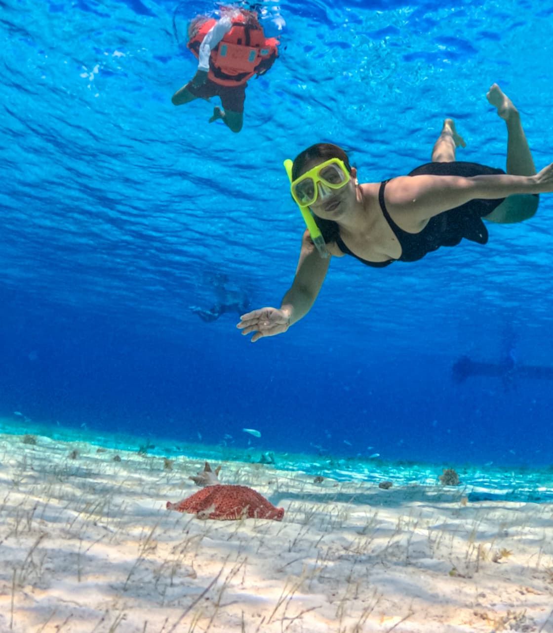 Mujer haciendo snorkel sobre la arena con una estrella de mar al fondo