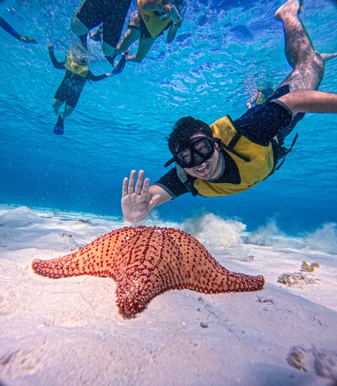 Snorkelista saludando junto a una estrella de mar